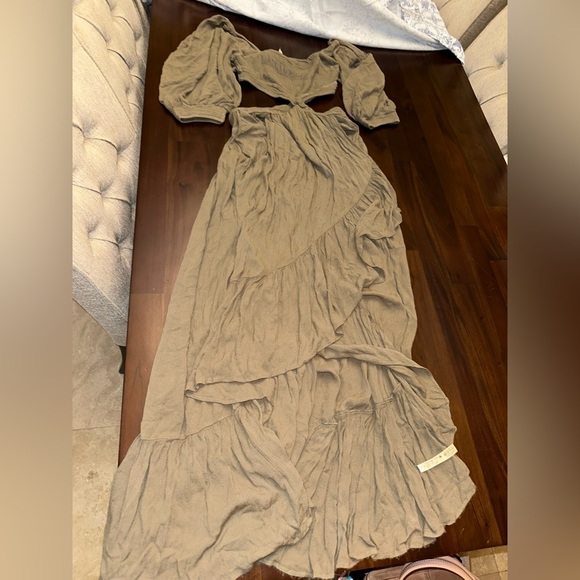 Free People Cross My Heart Cutout Maxi Dress taupe balloon sleeve side cut outs - Picture 9 of 14